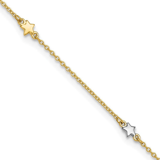 14K Two-Tone Polished Stars 5-Station 11" Anklet