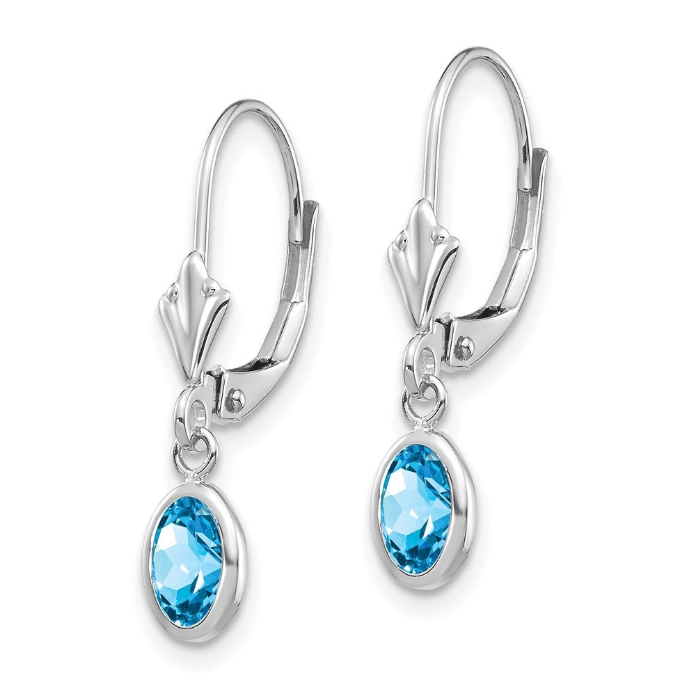 14k White Gold 6x4 Oval Bezel Blue Topaz Drop Dangle Earrings