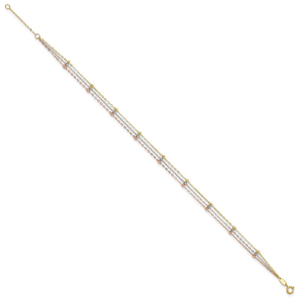 14k Tri-color 3-Strand Diamond-cut Beaded 9-Station 10" Anklet