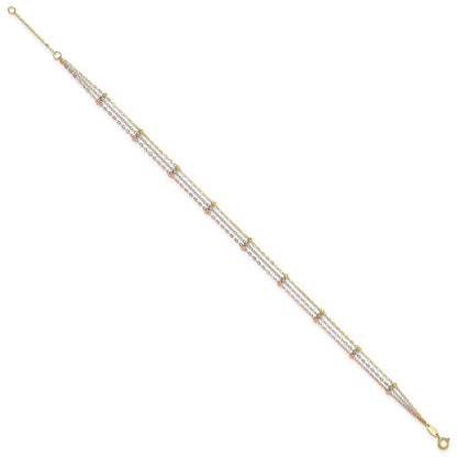14k Tri-color 3-Strand Diamond-cut Beaded 9-Station 10" Anklet