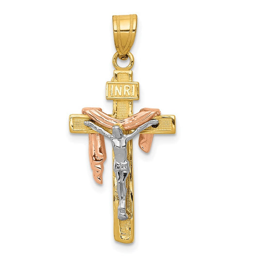14k Tri-Color Gold Tri-color Diamond-cut Small Draped INRI Crucifix Pendant