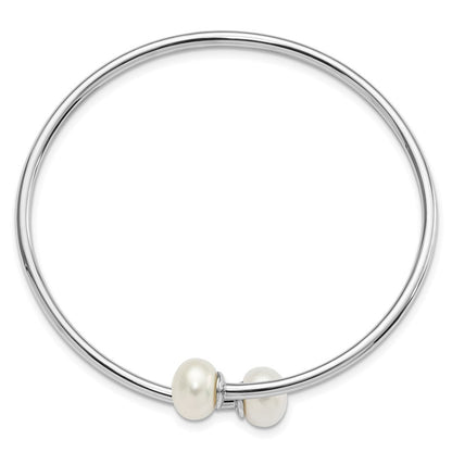 Sterling Silver 9-10mm White Freshwater Cultured Pearl Flexible Cuff Bangle