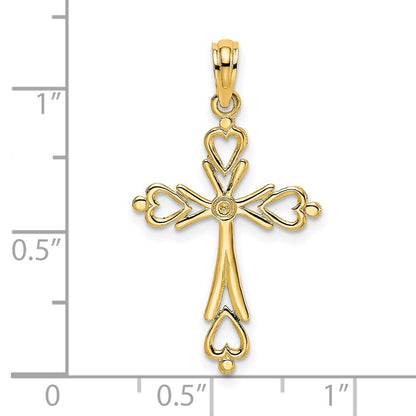 14k Yellow Gold Cross Cut-Out  Heart Ends Charm Pendant for Women
