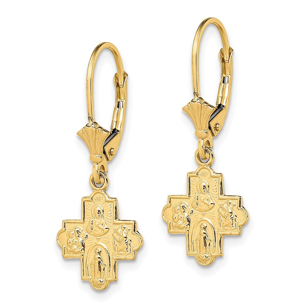 14k Yellow Gold Small 4-Way Medal Cross Dangle Earrings Leverback