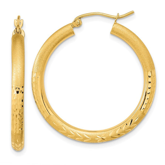 14k Yellow Gold Polished Satin and Diamond-cut Hoop Earrings