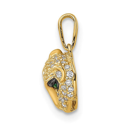14k Yellow Gold Polished Green & White CZ Lioness Head Pendant