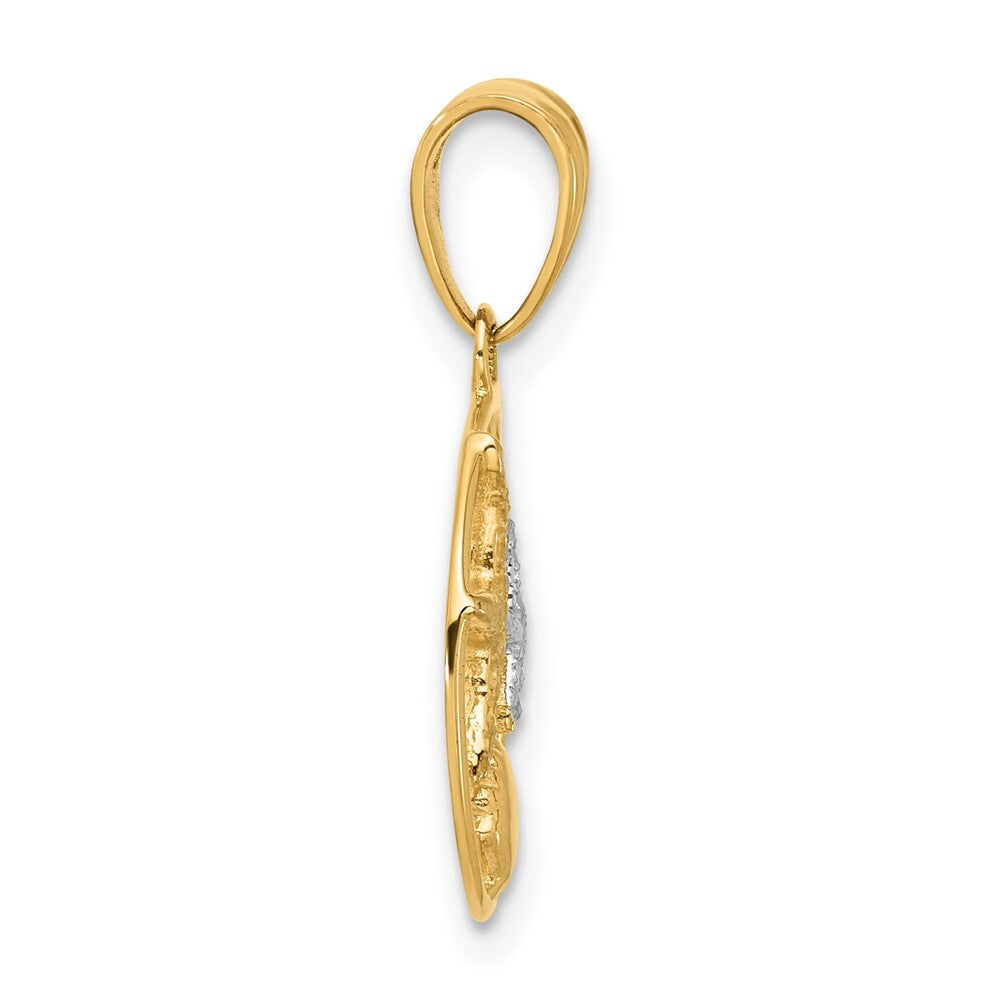 14k Yellow Gold White Rhodium Diamond Cut Starfish Seashell in Circle Pendant