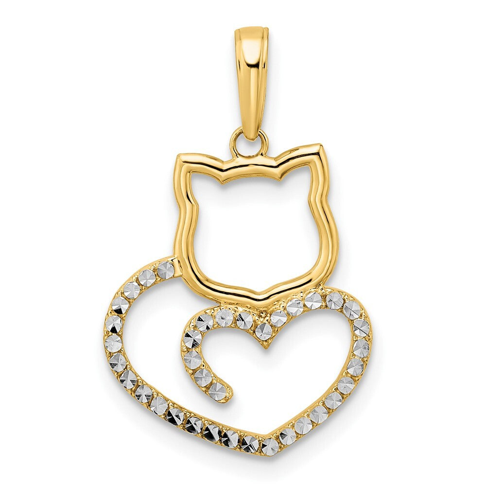 14k Yellow Gold and White Rhodium Diamond-cut Cat Heart Pendant