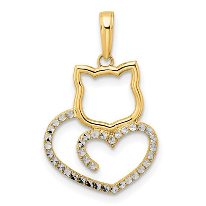 14k Yellow Gold and White Rhodium Diamond-cut Cat Heart Pendant
