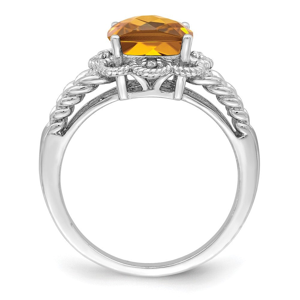 Sterling Silver Rhodium Checker-Cut Whiskey Quartz & Diamond Ring Size 9