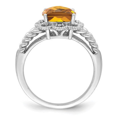 Sterling Silver Rhodium Checker-Cut Whiskey Quartz & Diamond Ring Size 9