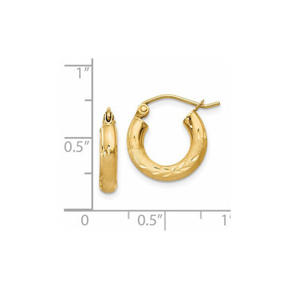 14k Yellow Gold Satin and Diamond-cut 3mm Round Hoop Earrings Gift for Women