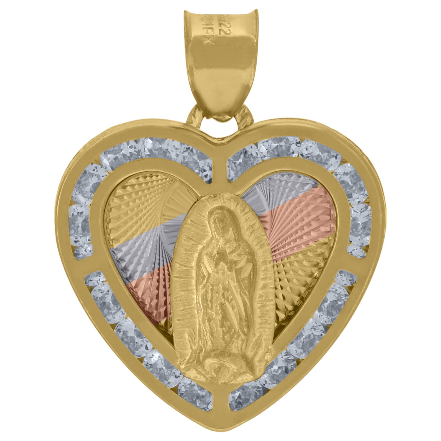 10k Gold Cubic-Zirconia Diamond-Cut Lady Of Guadalupe Religious Heart Pendant