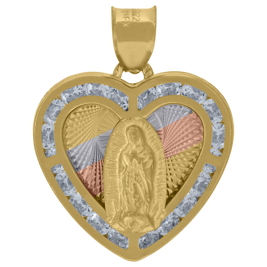 10k Gold Cubic-Zirconia Diamond-Cut Lady Of Guadalupe Religious Heart Pendant