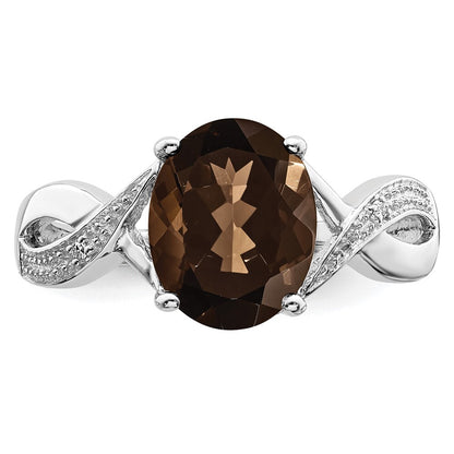 Sterling Silver Rhodium Smoky Quartz & Diamond Ring Size 8