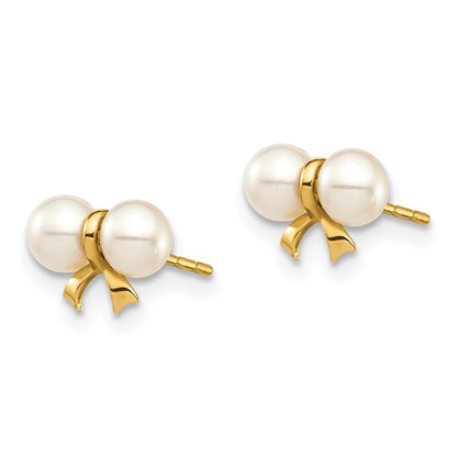 14k Yellow Gold 3-4mm White Round Freshwater Cultured Pearl Bow Earrings