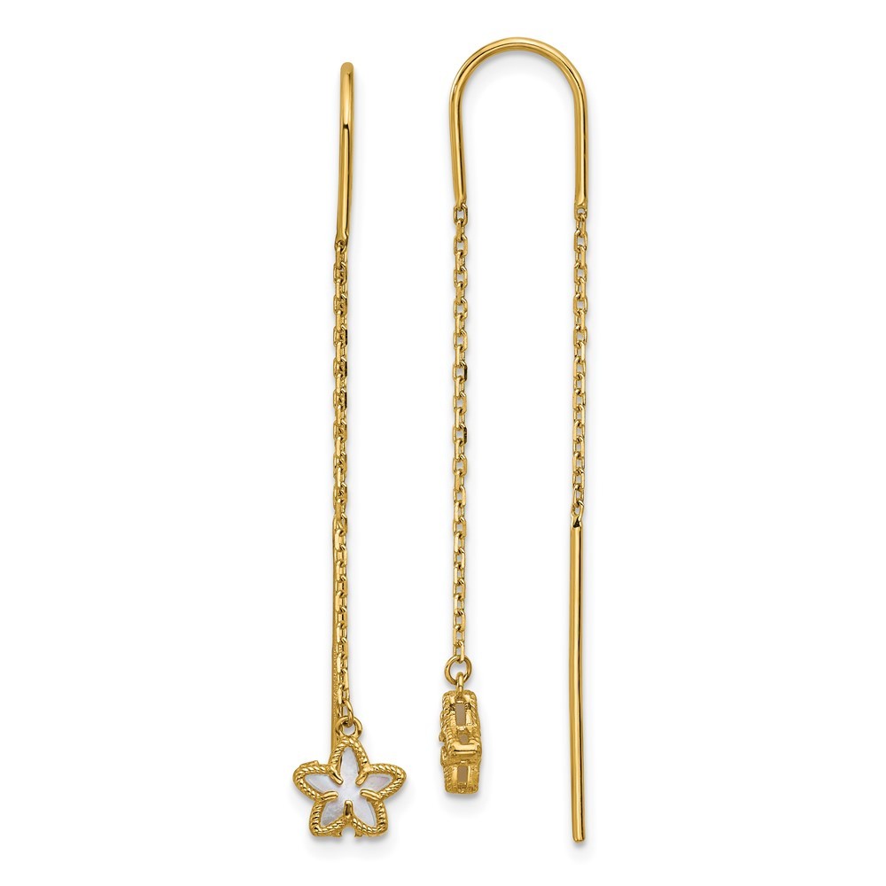 14k Yellow Gold Polished Mother of Pearl Flower Cable Chain Threader Earrings
