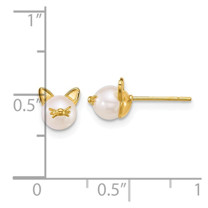 14k Yellow Gold Polished Freshwater Cultured Pearl Cat Stud Earrings