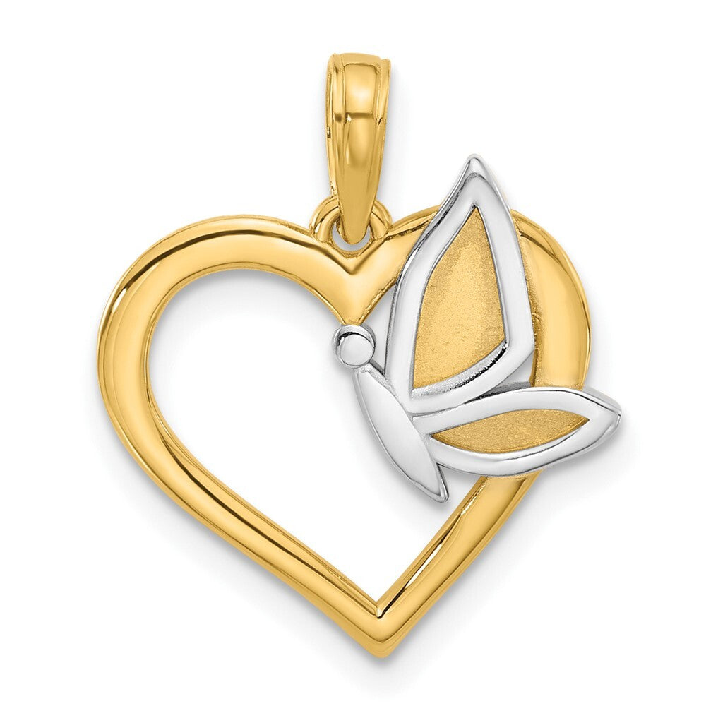 14k Yellow Gold with White Rhodium Fancy Heart and Butterfly Charm Pendant