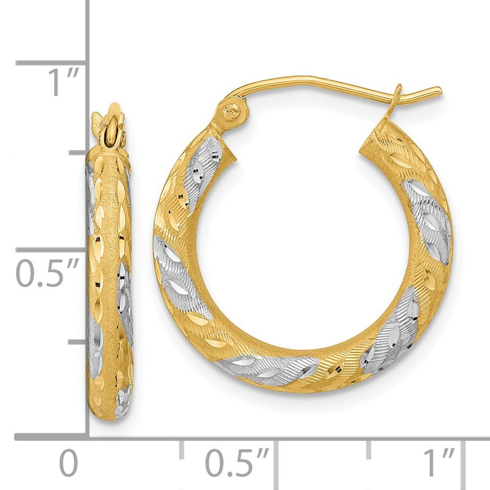 14k Yellow Gold White Rhodium Diamond-cut Satin Hoop Earrings