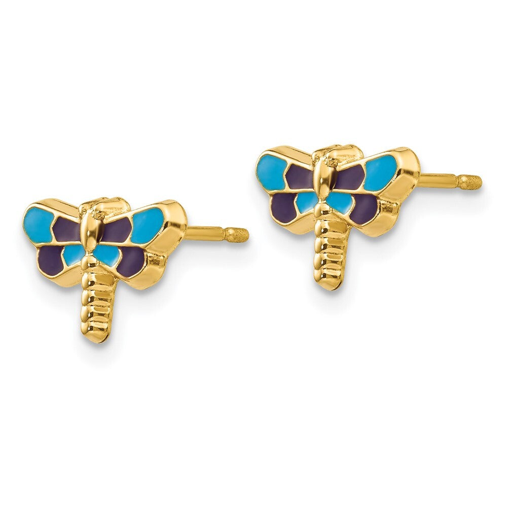 14k Yellow Gold Enameled Dragonfly Stud Earrings Gift for Women