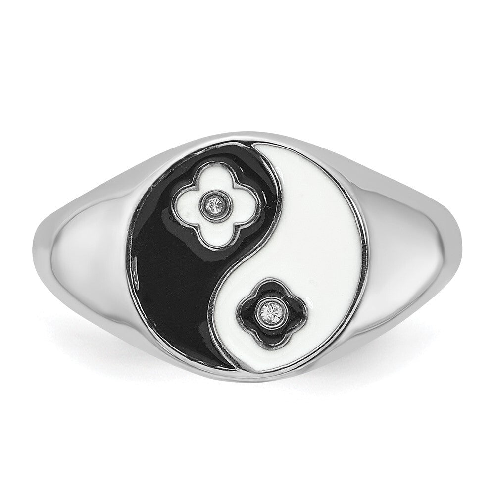 Sterling Silver Rhodium-plated Enameled Yin Yang CZ Ring Size 8