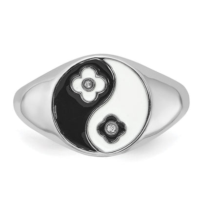 Sterling Silver Rhodium-plated Enameled Yin Yang CZ Ring Size 8