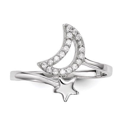 Sterling Silver Rhodium-plated Cubic Zirconia Moon and Star Ring Size 7