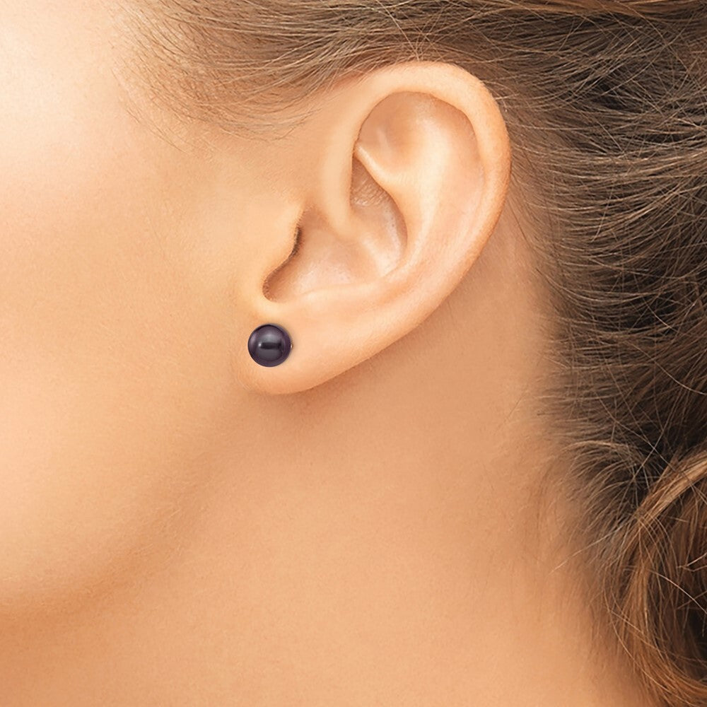 14k Yellow Gold 7-8mm Black Round Freshwater Cultured Pearl Stud Earrings