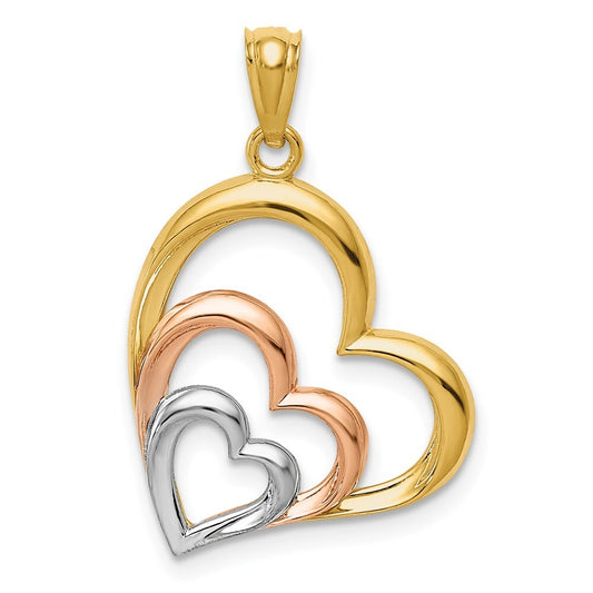 14k Two-tone Gold and White Rhodium Polished 3 Hearts Pendant for Women