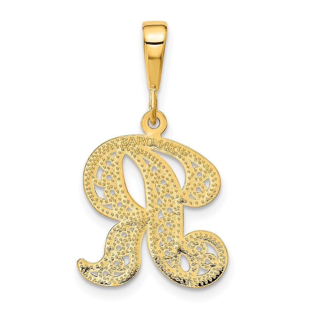 14k Yellow Gold Polished Script Filigree Letter R Initial Pendant for Women