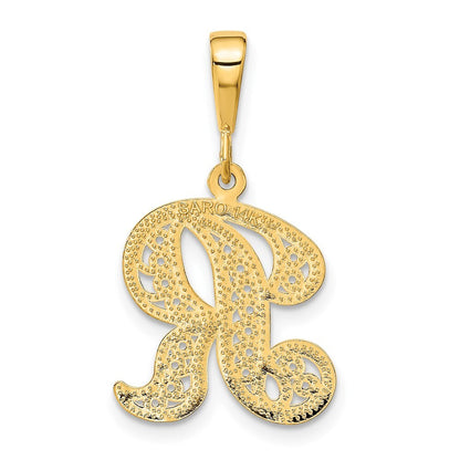 14k Yellow Gold Polished Script Filigree Letter R Initial Pendant for Women