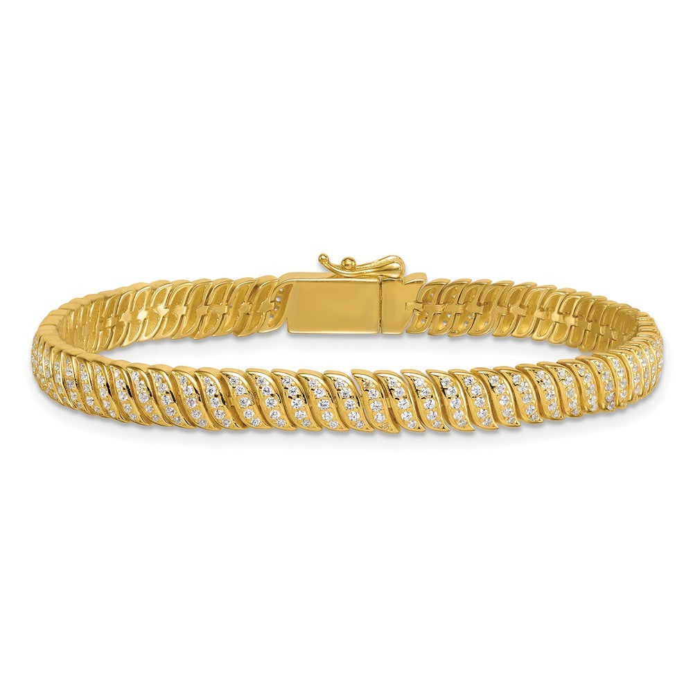 Sterling Silver Gold-Tone Polished Fancy CZ S-Link 7 Inch Bracelet