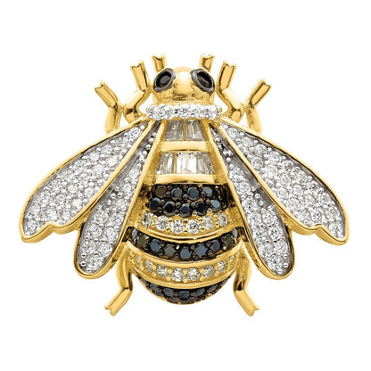 Sterling Silver Blk/White RH-plated Gold Tone CZ Bumblebee Ring Size 6