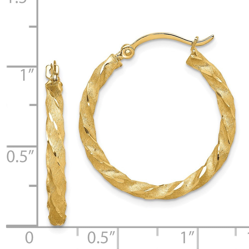 14k Yellow Gold Twisted Satin Diamond-Cut Hoop Earrings