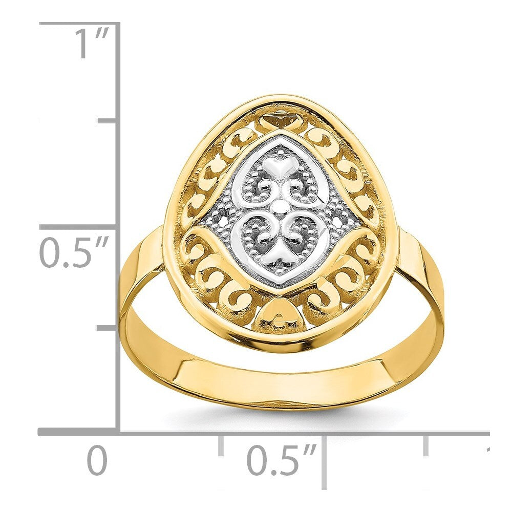 14K Yellow Gold w/Rhodium Oval Shield and Hearts Ring Size 7