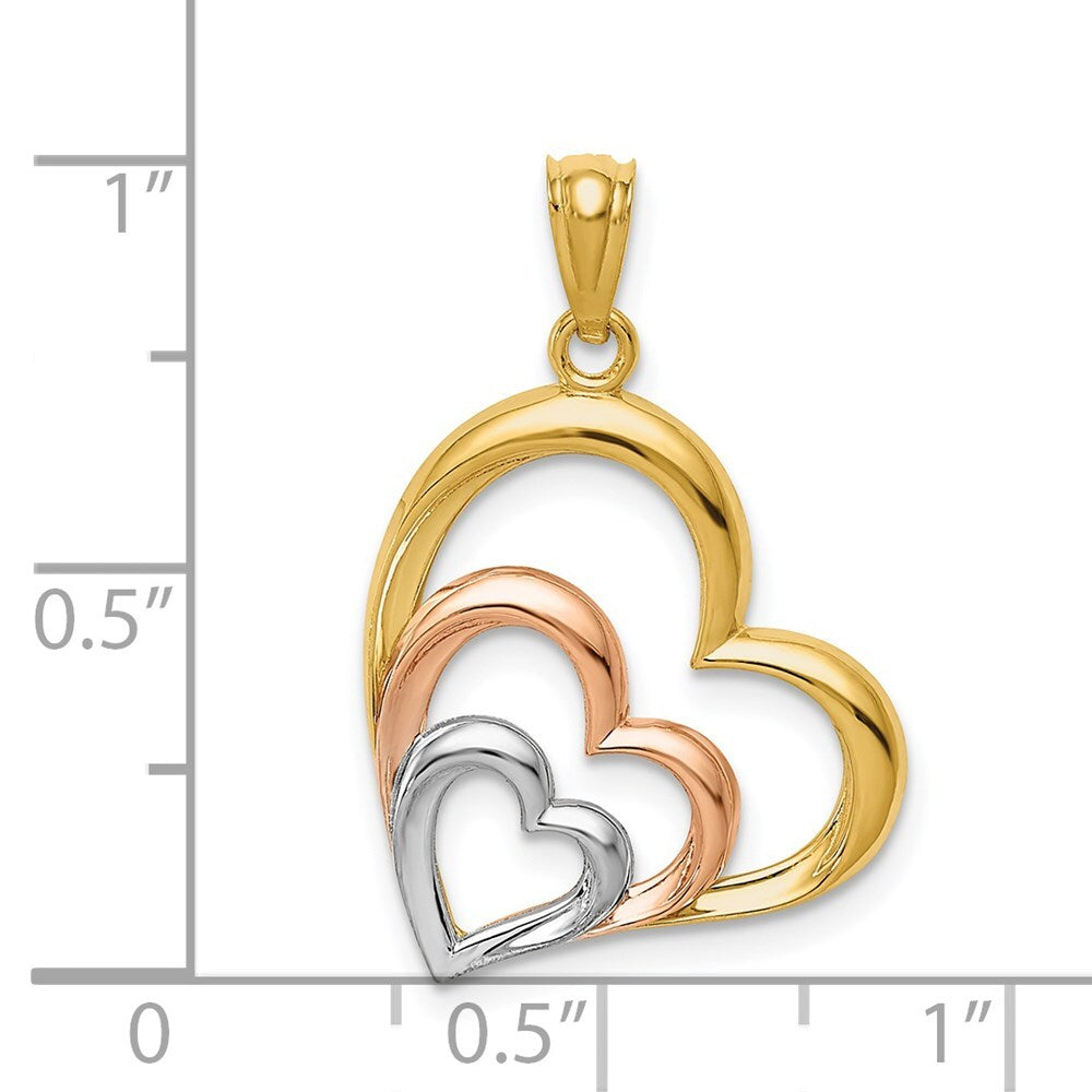 14k Two-tone Gold and White Rhodium Polished 3 Hearts Pendant for Women