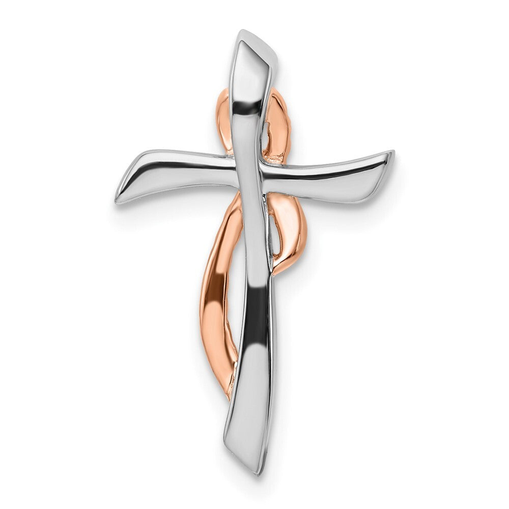 14k Two-tone Gold  White & Rose Cross Ribbon Diamond Chain Slide Pendant