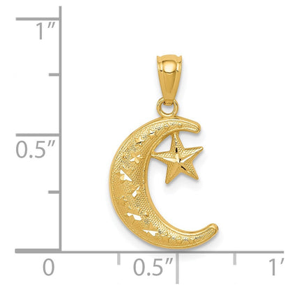 14k Yellow Gold Gold Polished and Textured Moon and Stars Pendant for Women