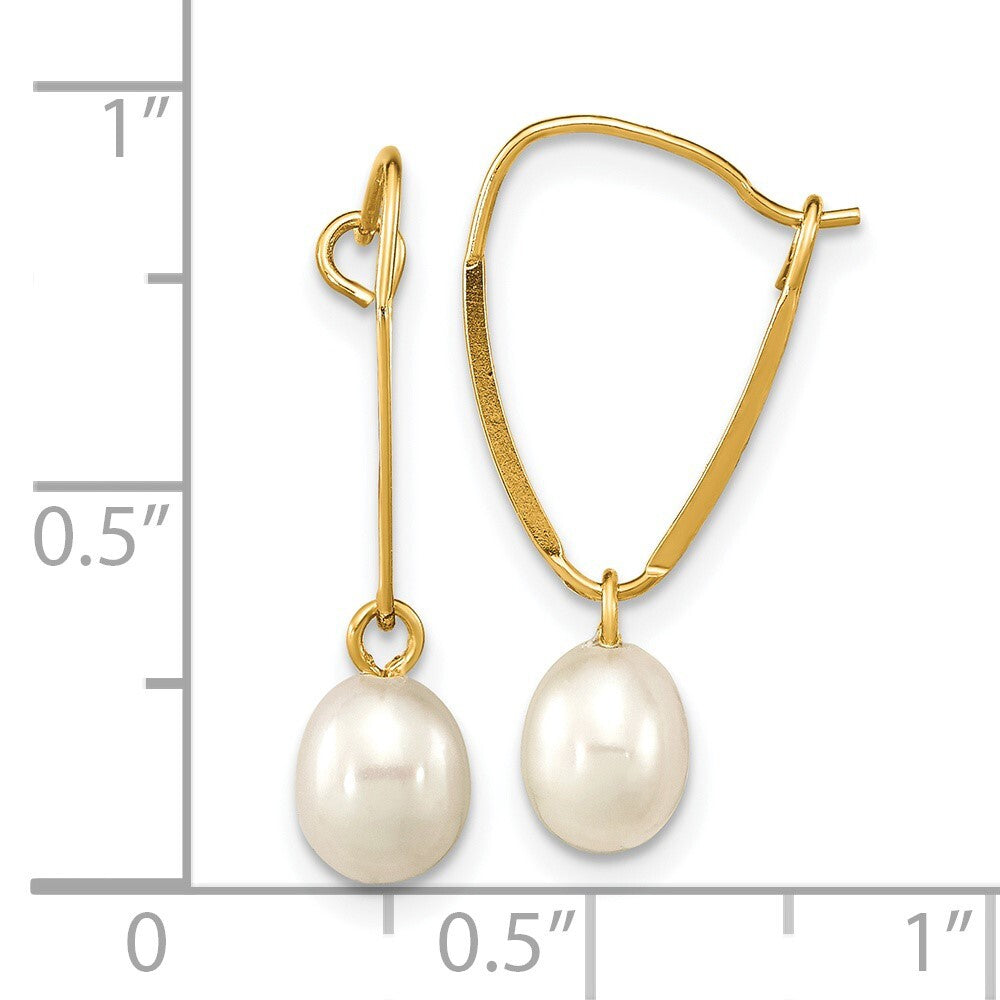14k Yellow Gold 6-7mm White Rice Freshwater Cultured Pearl Dangle Earrings
