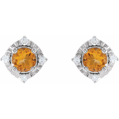 Sterling Silver Citrine and .08 CTW Diamond Halo-Style Stud Earrings