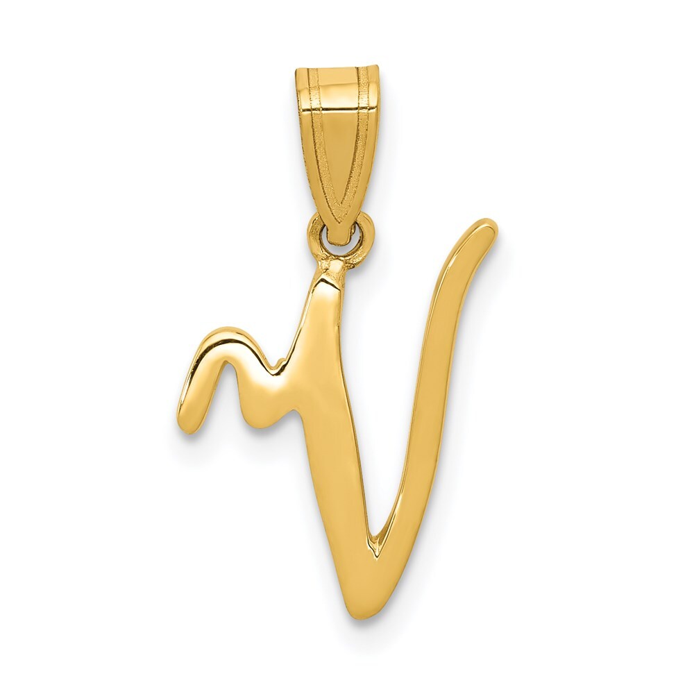 14k Yellow Gold Script Letter V Initial Pendant for Women