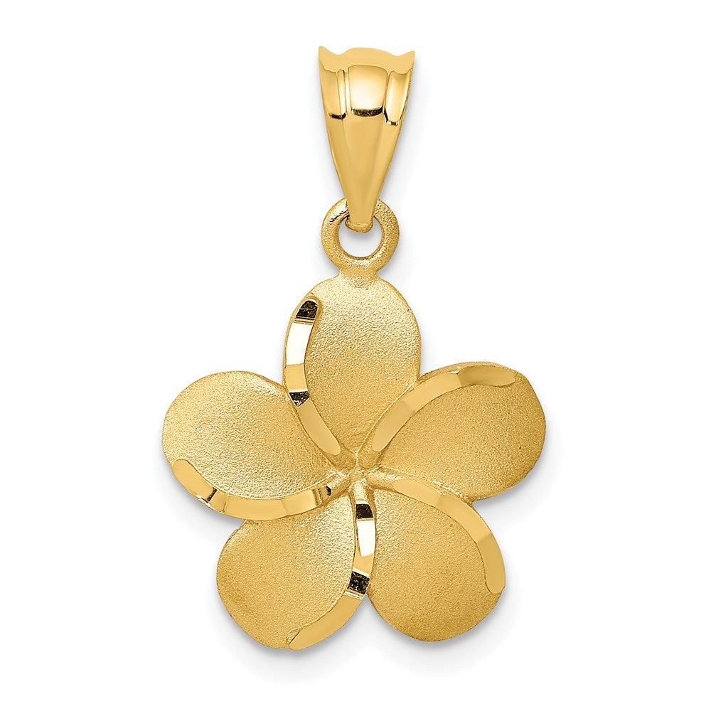 14k Yellow Gold Satin Diamond-cut Plumeria Pendant