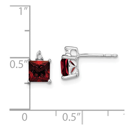14k White Gold Princess Garnet and Diamond Stud Earrings