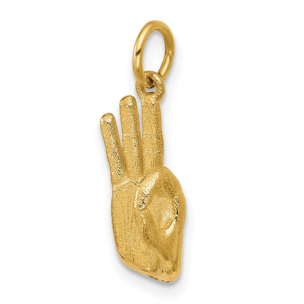 14k Yellow Gold American Sign Language Alphabet Fingerspelling Sign F Pendant