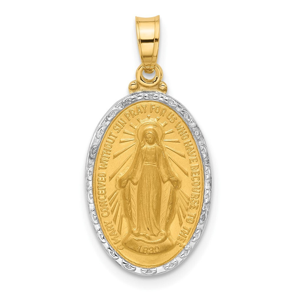14k Yellow Gold with Rhodium Satin Polished Miraculous Medal Solid Oval Pendant