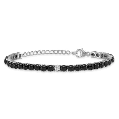 Sterling Silver Rhodium-plated Pave CZ and Onyx Bracelet 7.5" with 1.5" Ext