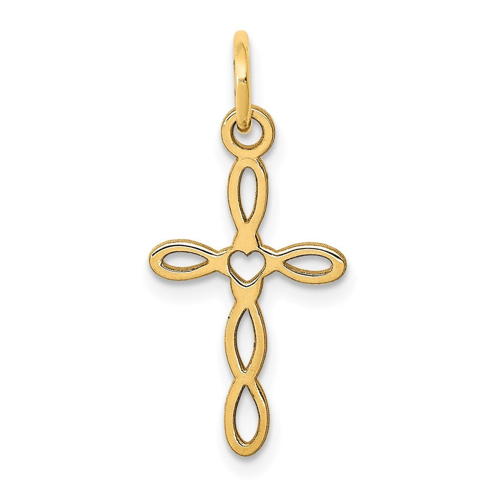 14k Yellow Gold Loop Center Heart Cross Charm Pendant for Women