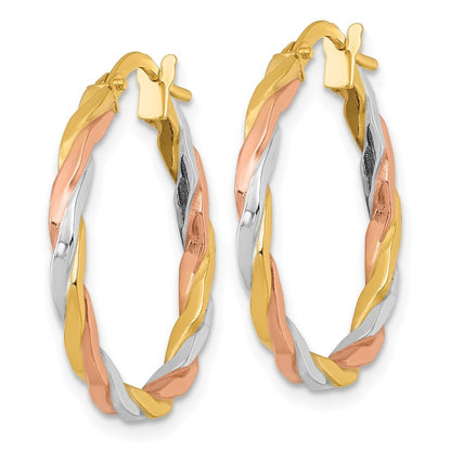 14k Yellow Gold with Rose and White Rhodium Twisted 2 x 24mm Tube Hoop Earrings
