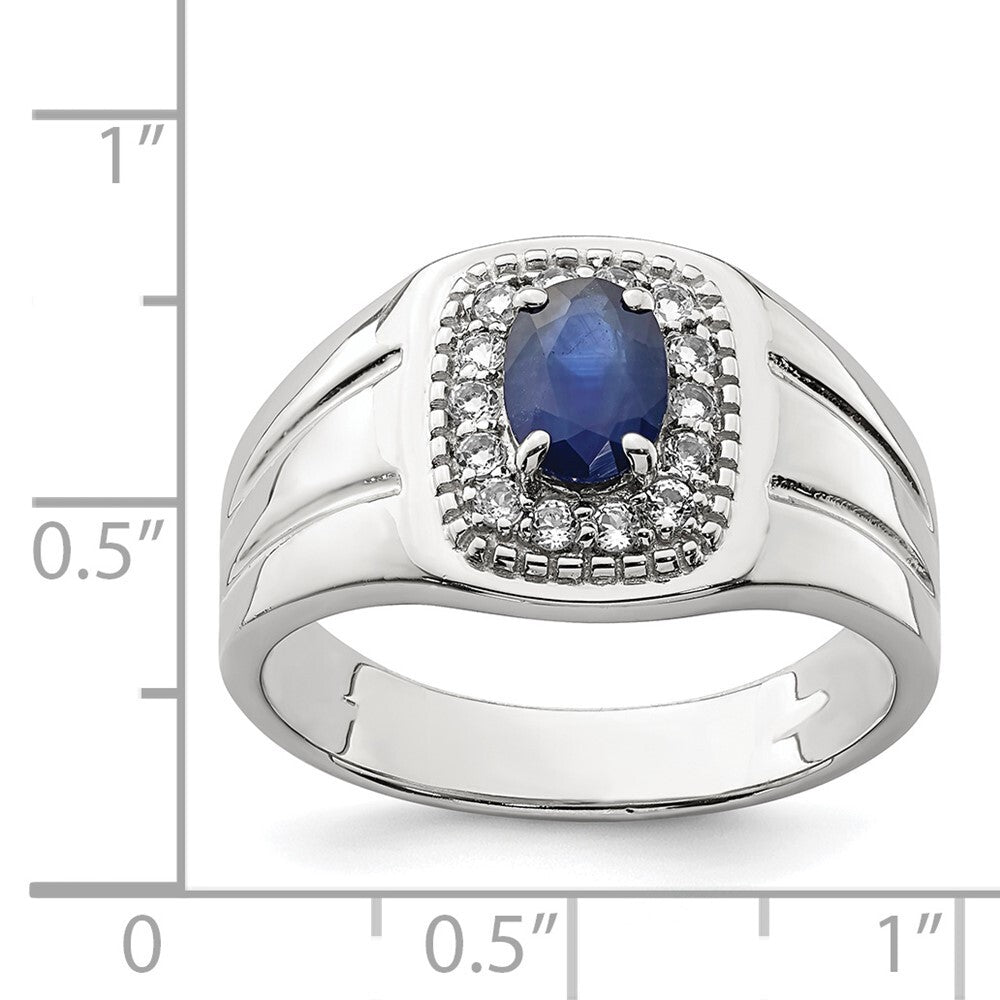 Sterling Silver Rhod-plated Men's Blue Sapphire and White Topaz Ring Size 10